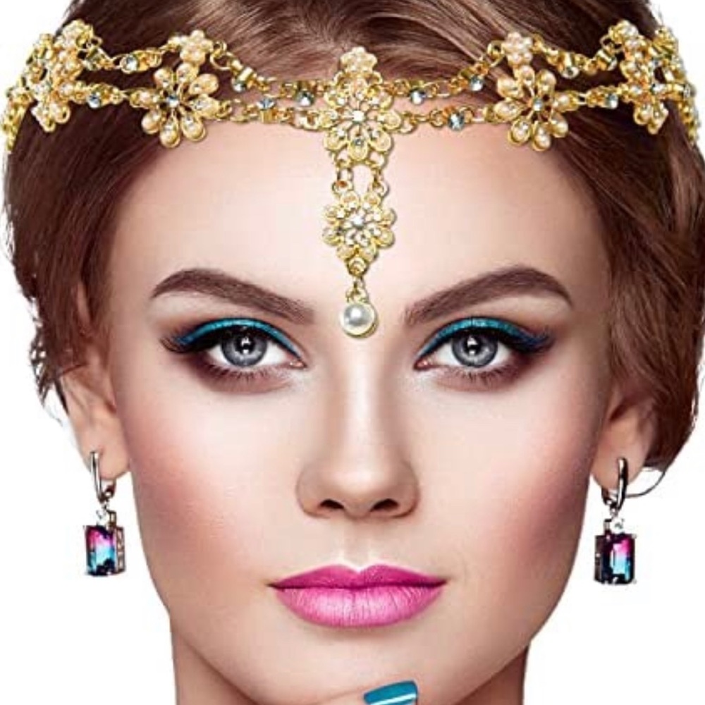 Crystal Bohemian Fashion Goddess Hair Peace with single Pearl Drop pendant.